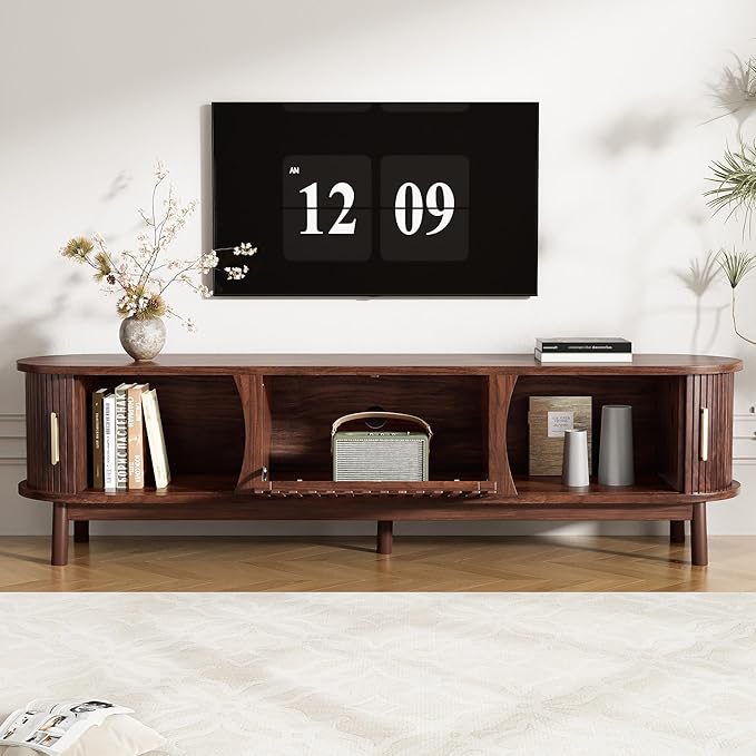 Mid Century Modern TV Stand for TVs up to 75”, Fluted Entertainment Center, Media Console with Tambour Sliding Doors and Grill Flip-Down Door, Walnut Finish Media Console for Living Room
