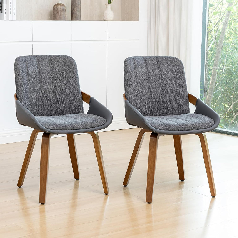 Dining Room Chairs Set of 2, Mid Century Modern Gray Fabric+Faux Leather Kitc...