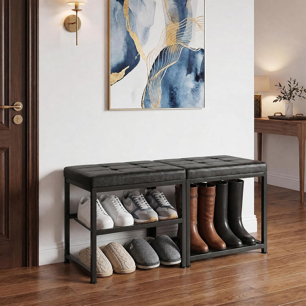 DreamDashio Set of 2 Small Shoe Storage Benches with PU Leather Cushion, 3-Ti...