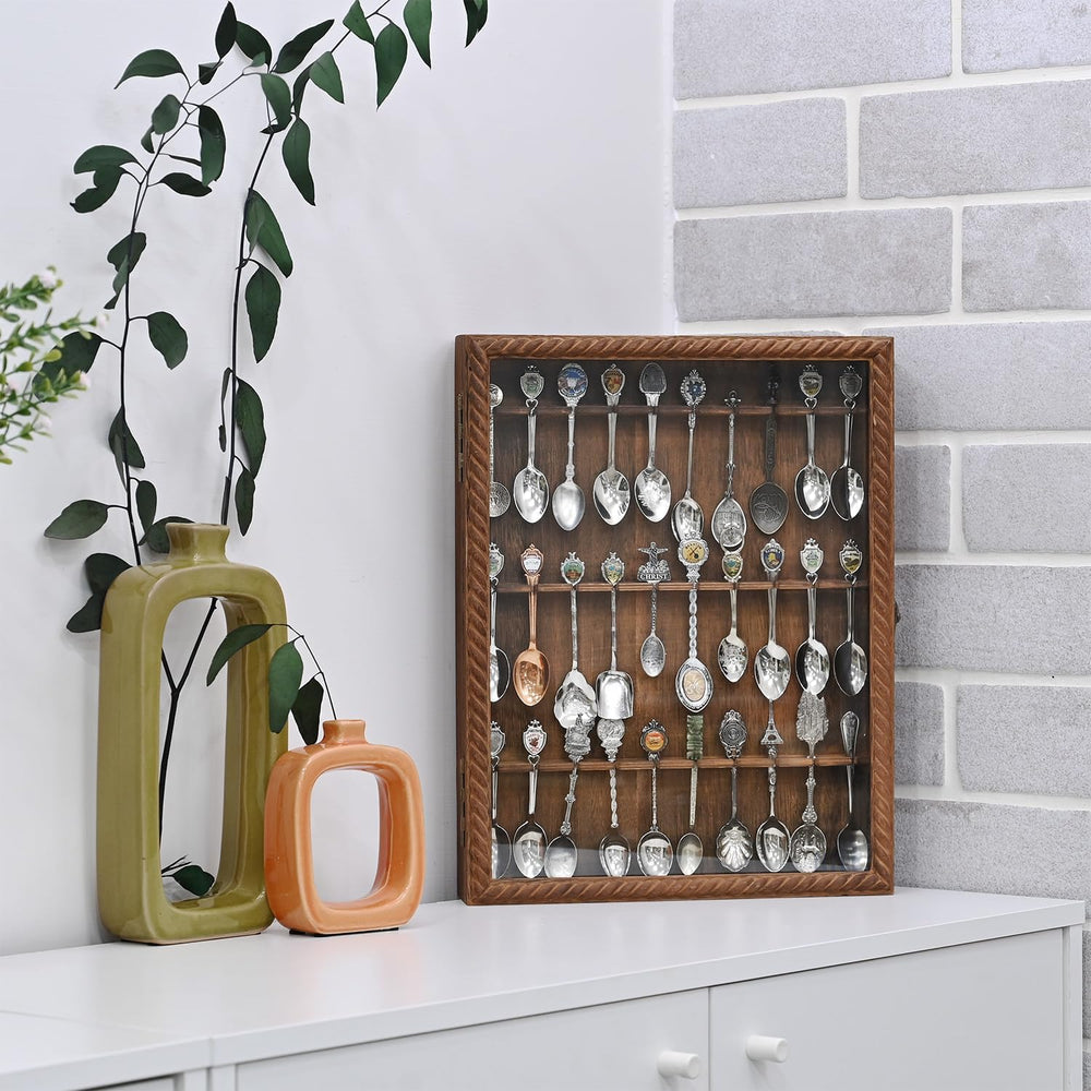 Ikee Design Wooden 30-Souvenir Spoon Display Case Cabinet, Wall-Mounted Tea S...
