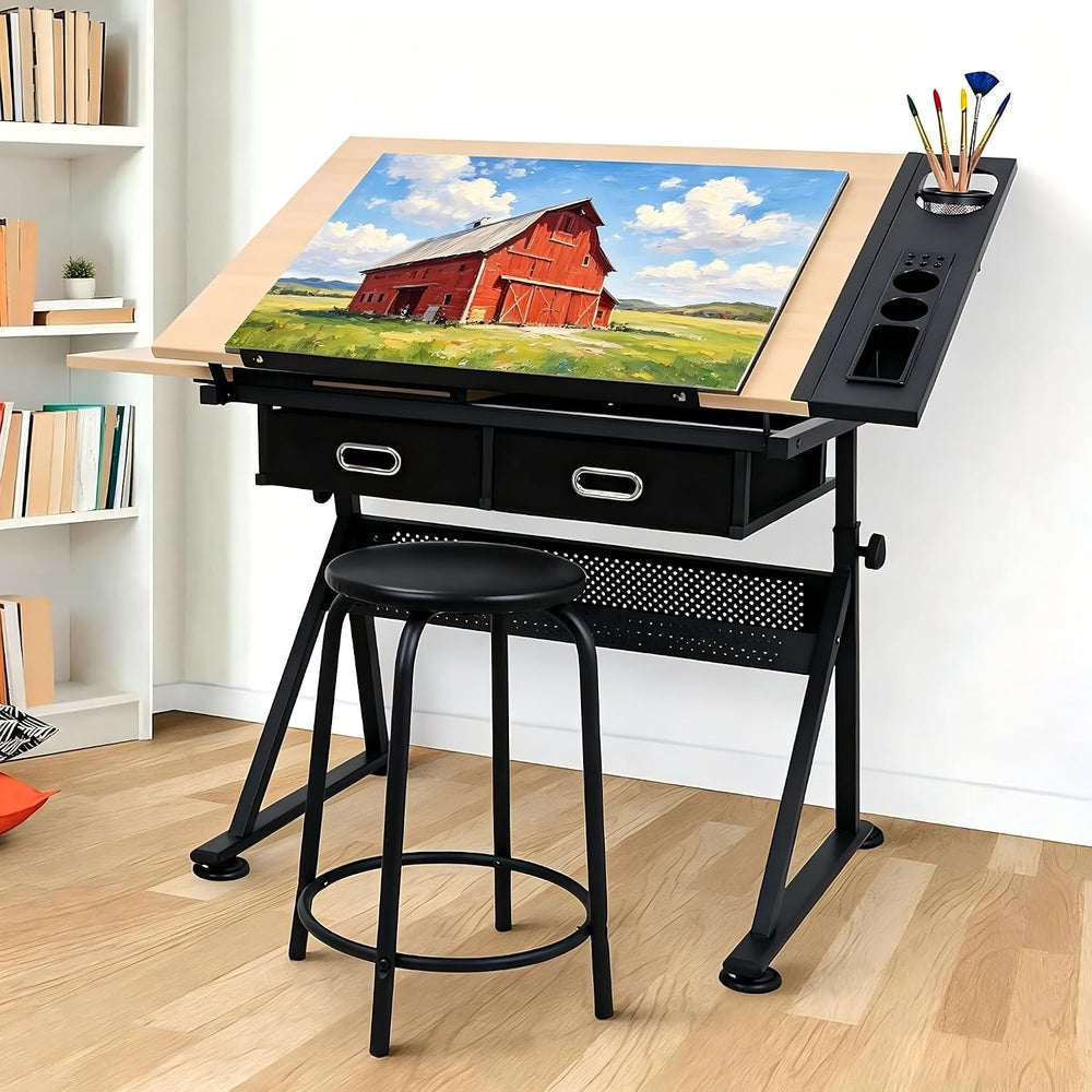 Height Adjustable Drafting Table, 0-75° Tilting Drawing Table Art Desk | Wood...