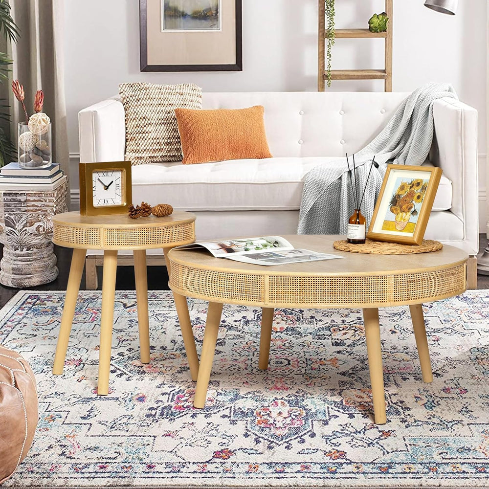 RUSTOWN 2-Piece Farmhouse Coffee Table, Modern Round Rattan Side Tables | Rus...