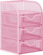 EasyPAG Mesh Desk Organizer with 3 Drawer Office Desktop Organizers and Accessories Stationery Caddy for Office, Home, Students, Pink