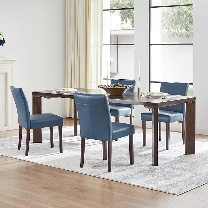 Watson & Whitely Upholstered Dining Chairs Set of 4, Faux Leather Armless Dining Room Chairs with Solid Wood Legs & Back Side Chair for Kitchen, Living Room, Restaurant, Blue