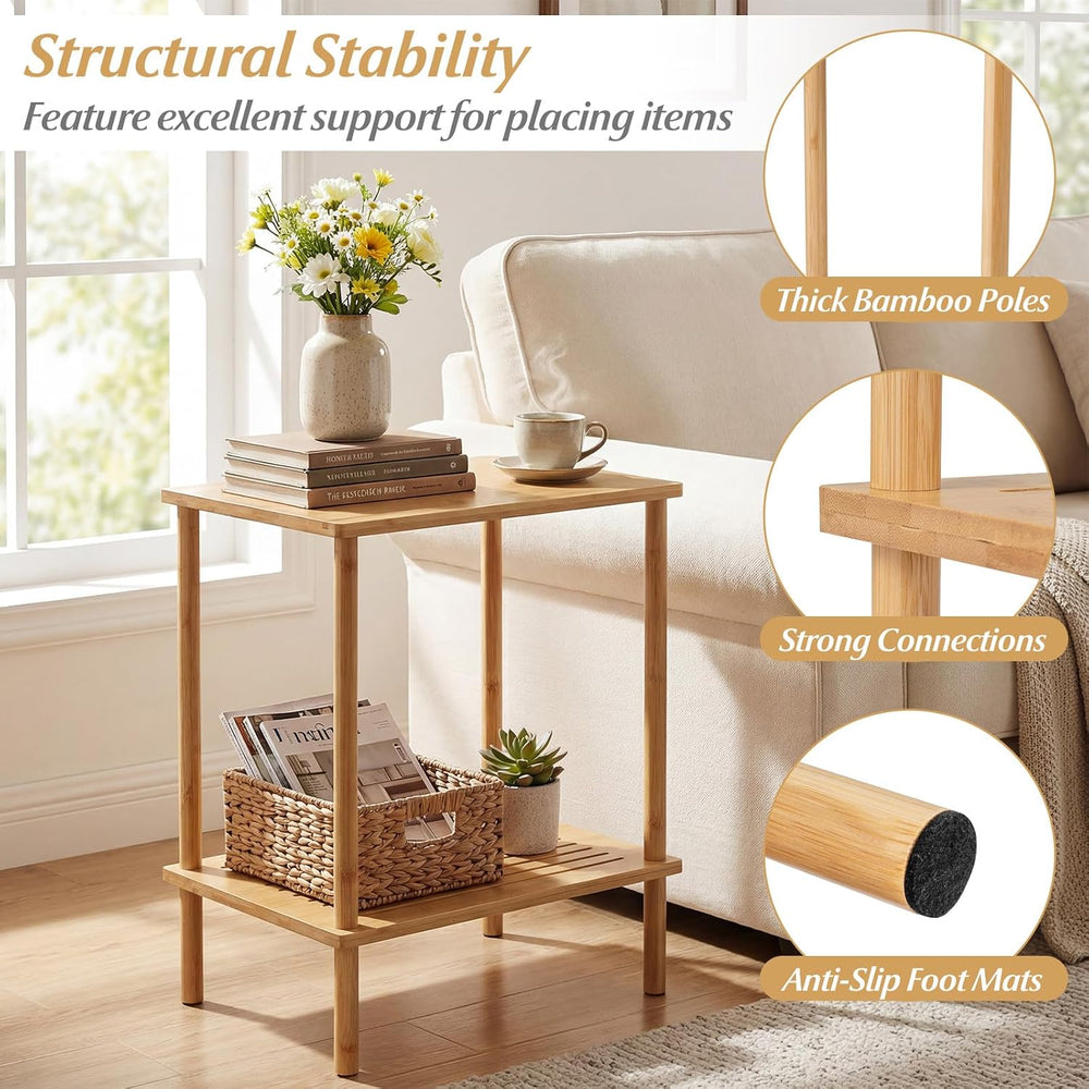 Giantex Bamboo Side Table Set of 2, 2-Tier Sofa End Bedside Table w/Storage S...