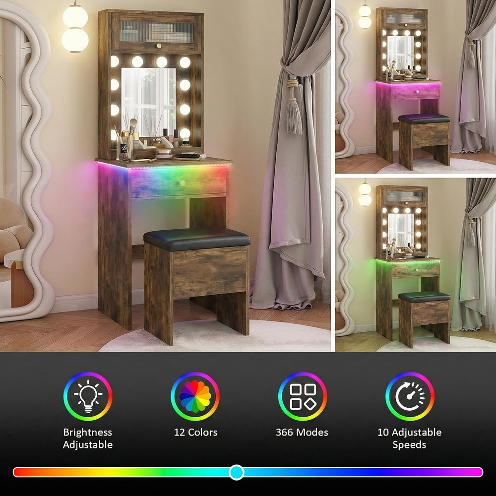 ARTETHYS Small Vanity with Mirror & RGB Light Rustic Makeup Set for Bedro...