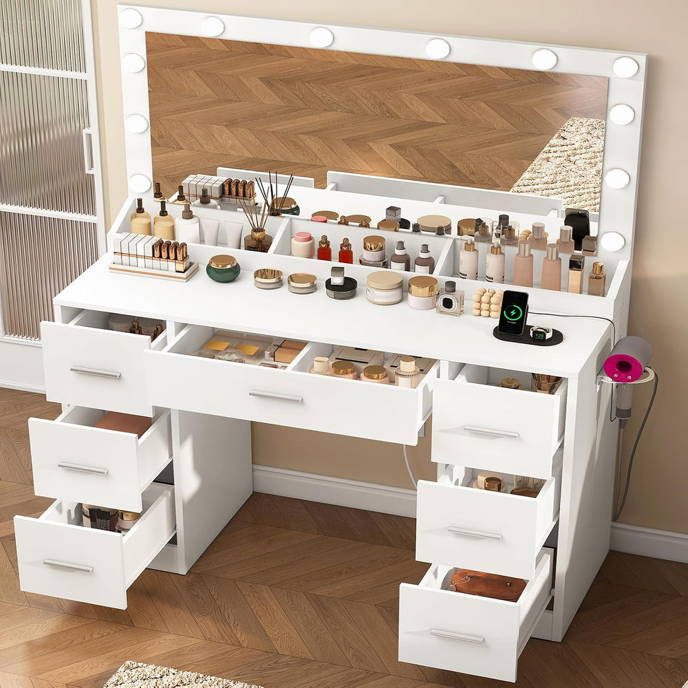 FIONESO Vanity with Large Mirror and 12 LED Lights, Vanity Desk with 7 Drawer...