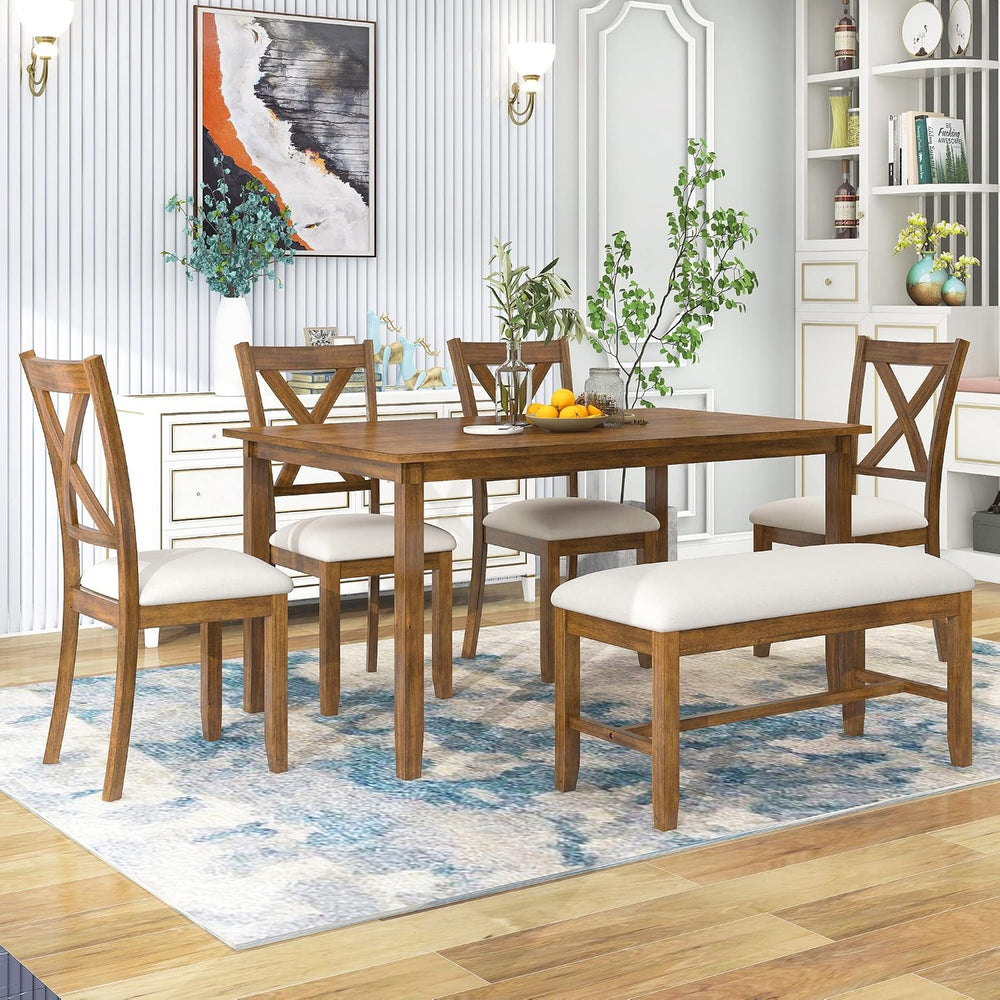 Merax 6 Piece Farmhouse Dining Table Set, 60" Solid Wood Rectangular Kit...