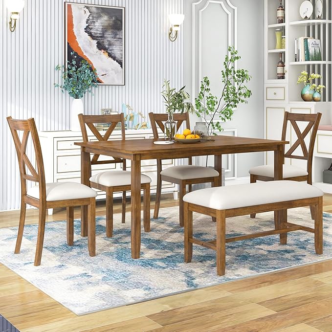 6 Pieces Dining Table Set with 60" Rectangle Kitchen Desk,Living Room Furniture W/ 4 "X-Shaped Curved Backres Fabric Chairs & 1 Bench,for Restaurant,Home Bistro,Natural Cherry