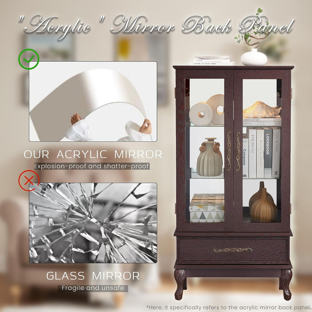 52" Lighted Accent Curio Cabinet, 3-Tier Antique Storage Cabinet with Tempered Glass Adjustable Shelves & Drawer, Acrylic Panel, Bulb Included, China Display Case for Living Room/Kitchen (Dark Cherry)