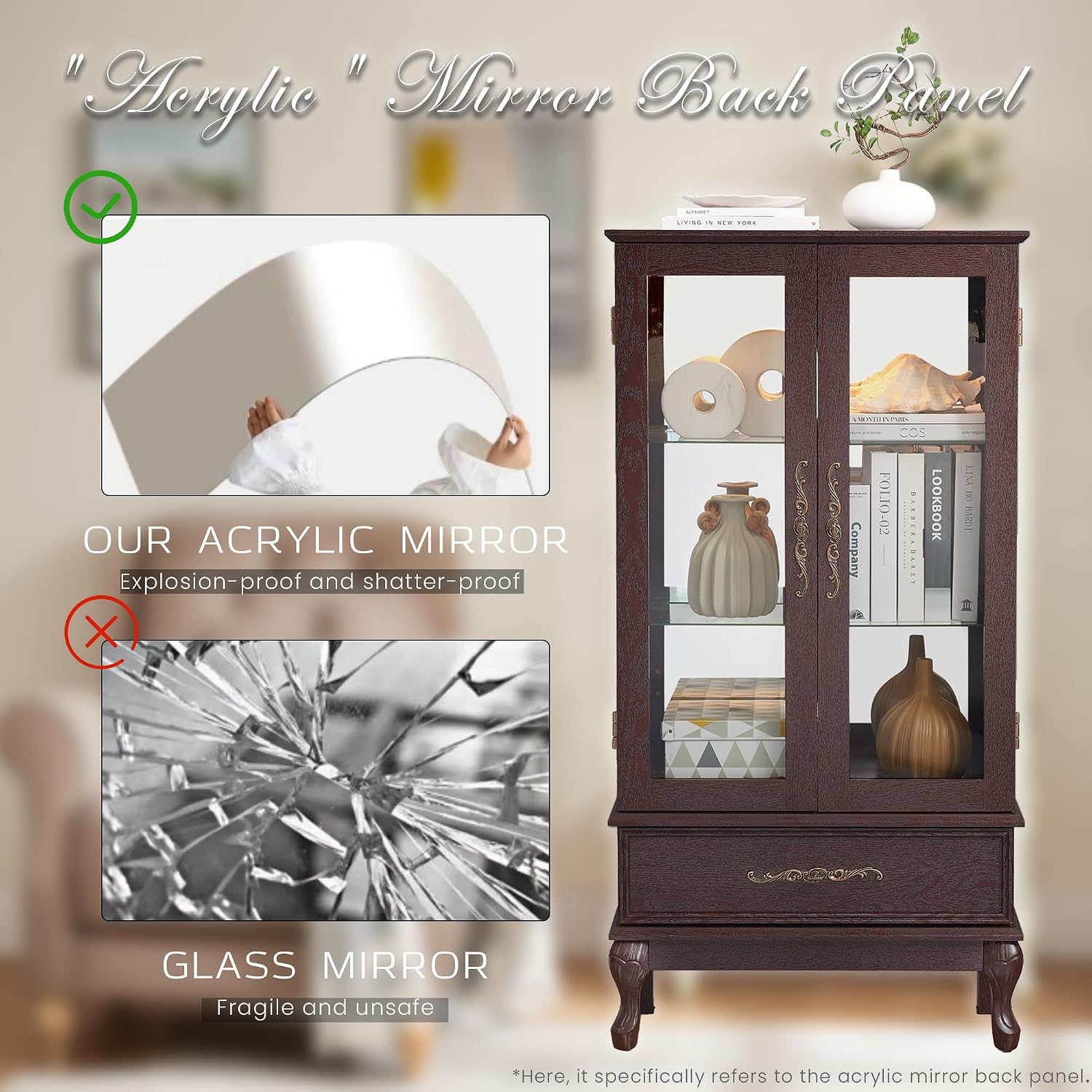 52" Lighted Accent Curio Cabinet, 3-Tier Antique Storage Cabinet with Tempered Glass Adjustable Shelves & Drawer, Acrylic Panel, Bulb Included, China Display Case for Living Room/Kitchen (Dark Cherry)