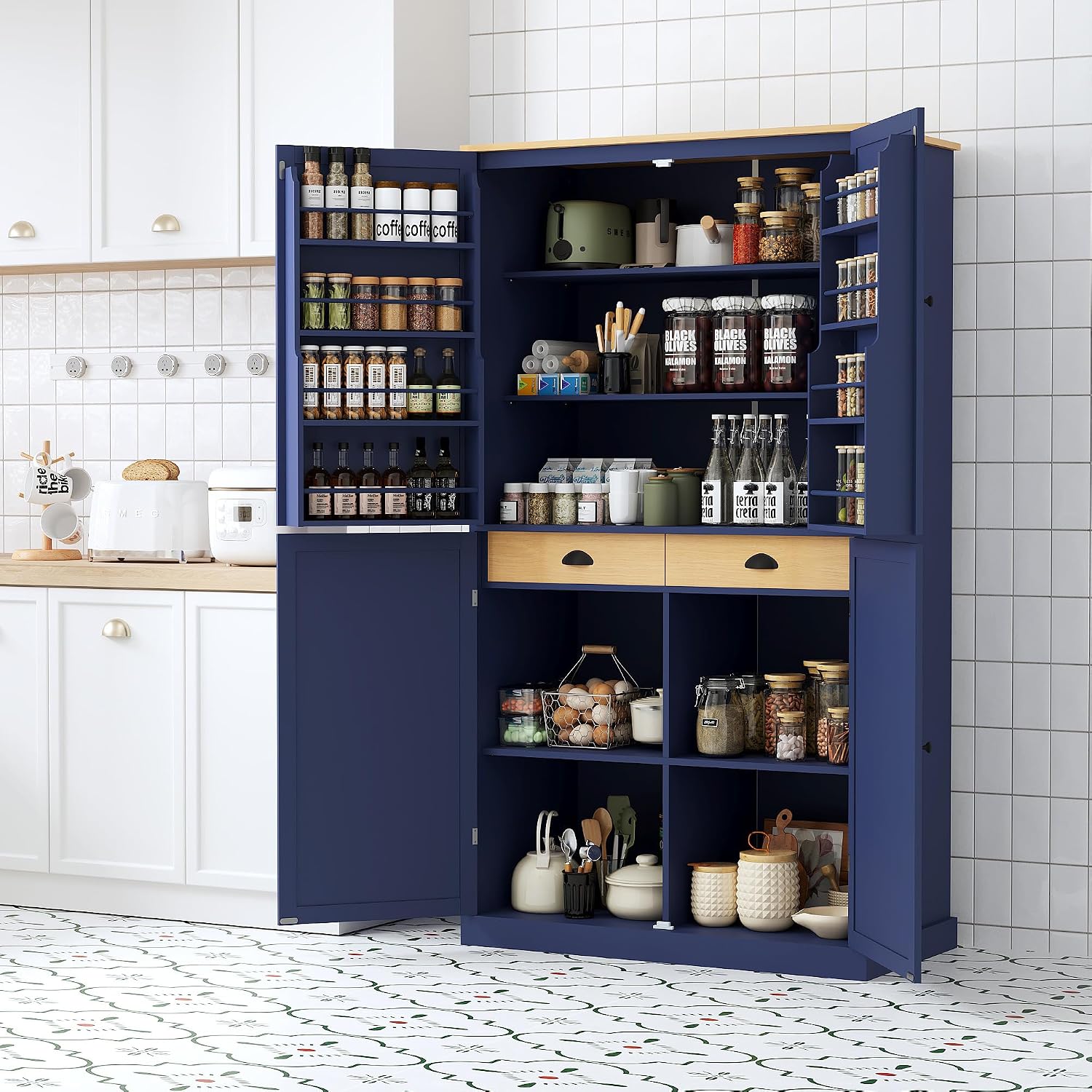 Merax 4 Doors Kitchen Pantry Storage Cabinet with 2 Drawers, 71.3" H Tall Pantry Blue Cupboard Kitchen Hutch with 2 Adjustable Shelves, Floor Spice Cabinet with 8 Door Shelves for Dining Room, Blue