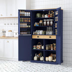High Freestanding Kitchen Pantry Large Cupboard Storage Cabinet with 2 Drawers, 2 Adjustable Shelves, 8 Door Shelves for Kitchen, Dining Room (Blue/Large)