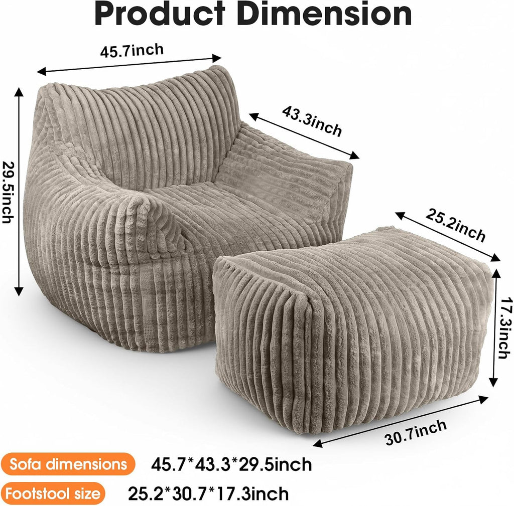 Giant Bean Bag Chair with Ottoman, Oversized Memory Foam Bean Bag Sofa for Adults and Kids, Large Comfy Fluffy Single Lounges Mini Couch for Living Room, Bedroom & Dorm(Taupe)