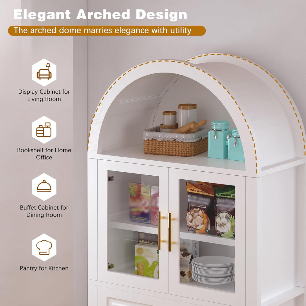 71" Tall Arched Kitchen Pantry Cabinet, Farmhouse Pantry Cabinet with Gl...