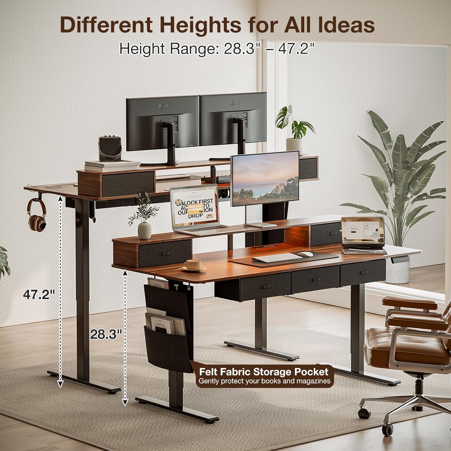 63x32″ Electric Standing Desk with 5 Drawers, Sit Stand Desk with Power Outlets, Monitor Shelf, RGB LED Lights and Cable Management, Height Adjustable 28.3"-47.2" for Home & Office, Walnut