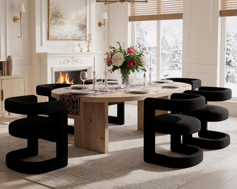 Black Barrel Dining Chairs Set of 6, Modern Boucle Upholstered Dining Room Ch...