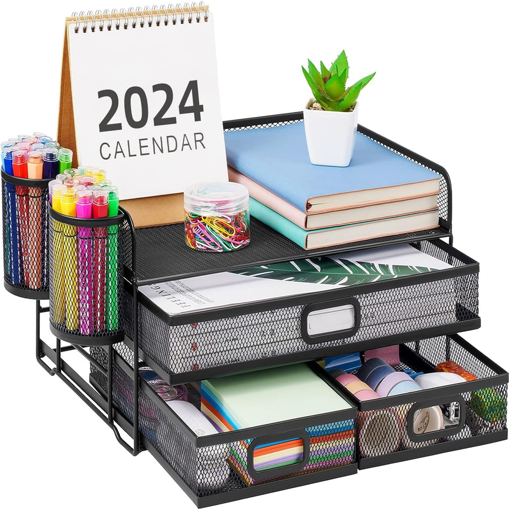 Marbrasse 3 Tier Mesh Desk Organizer with Drawer, Multi-Functional Desk Organizers and Accessories, Paper Letter Organizer with 2 Pen Holder for Home Office Supplies (Black)
