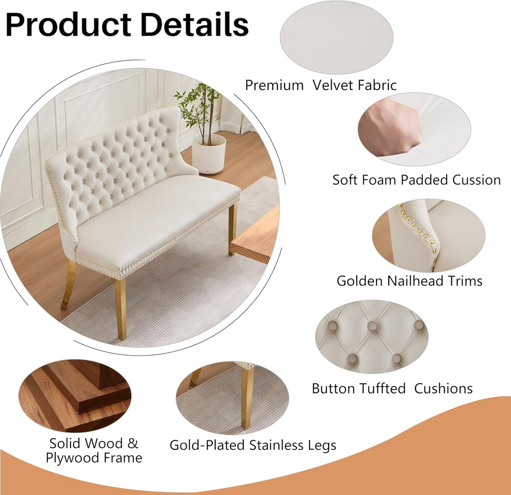 Upholstered Dining Bench with Back Button Tufted Settee Benches Small Lovesea...