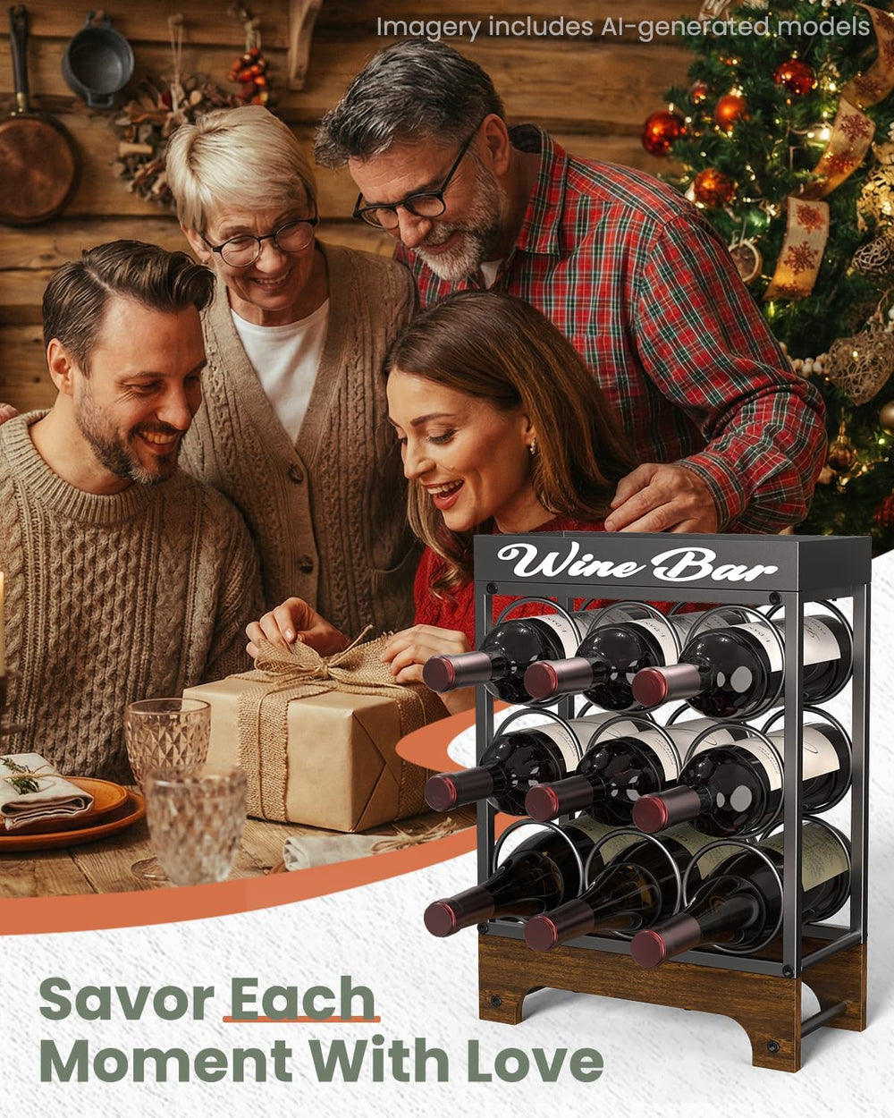 9 Bottles Wine Racks Countertop Freestanding with Top Tray, Modern Black Meta...
