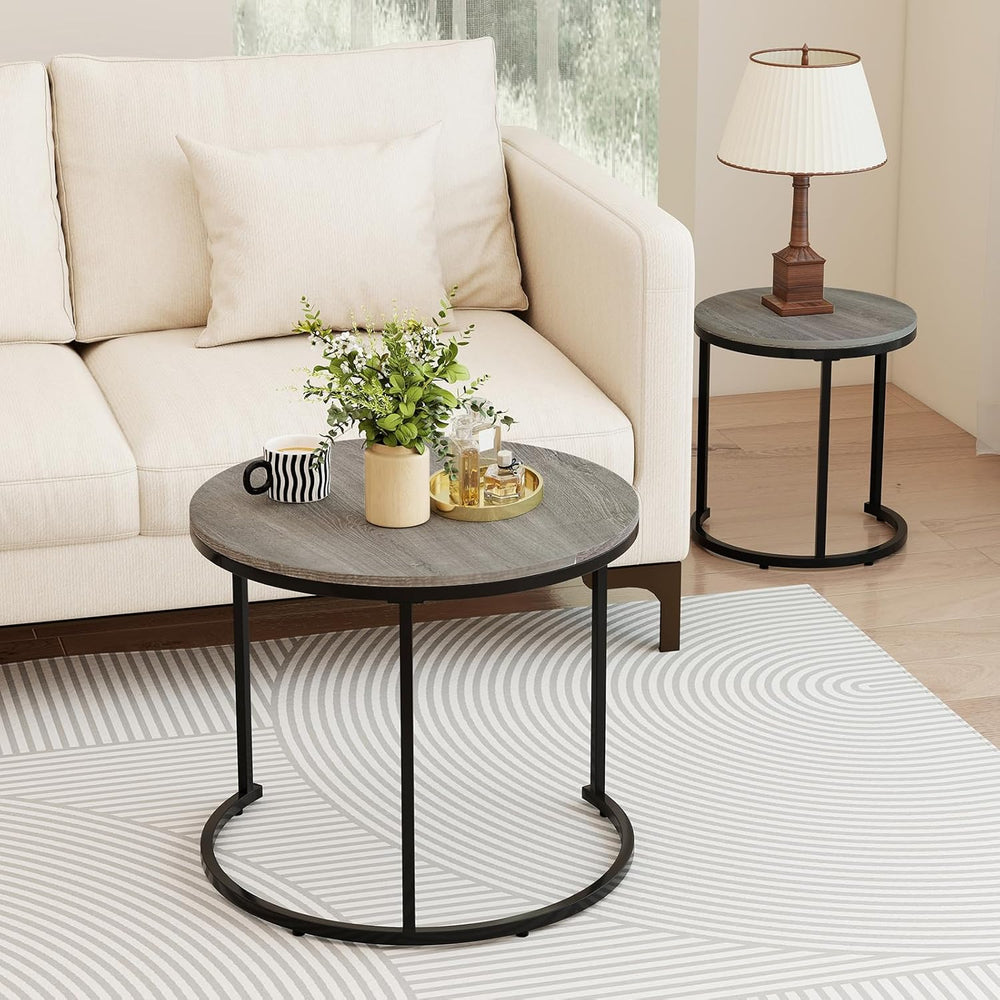 Giantex Nesting Coffee Table Set of 2, Round Stacking Side Tables with Wooden...
