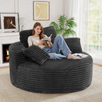 Luxanimarion 55''W 3.5CM Corduroy Single Foam Sofa, Oversized Round Chair with Pillows, Modern Sleeper for Living Rooms, Lounges, Nurseries and Projection Rooms, Wide-Arm Lounge Chair Armchair, Black