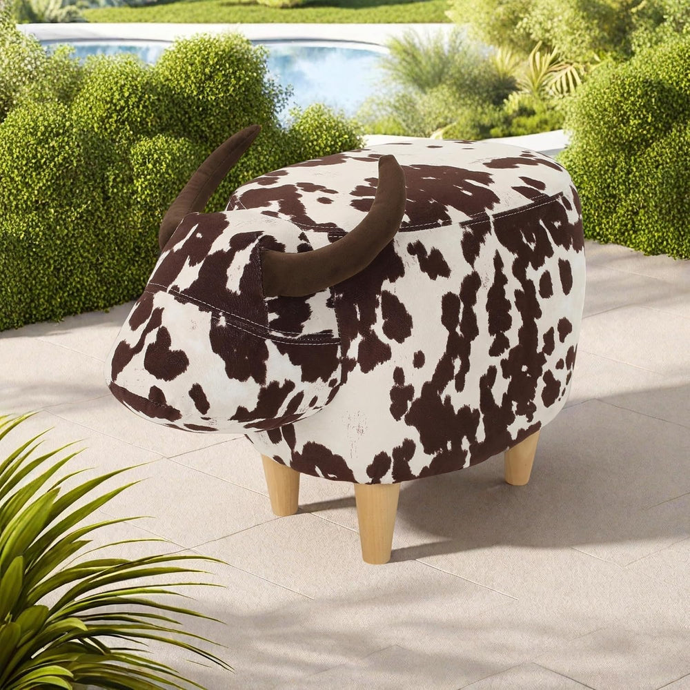 Modern Footstool, Cow-Shaped Ottoman with Birch Legs Cute Velvet Foot Rest fo...
