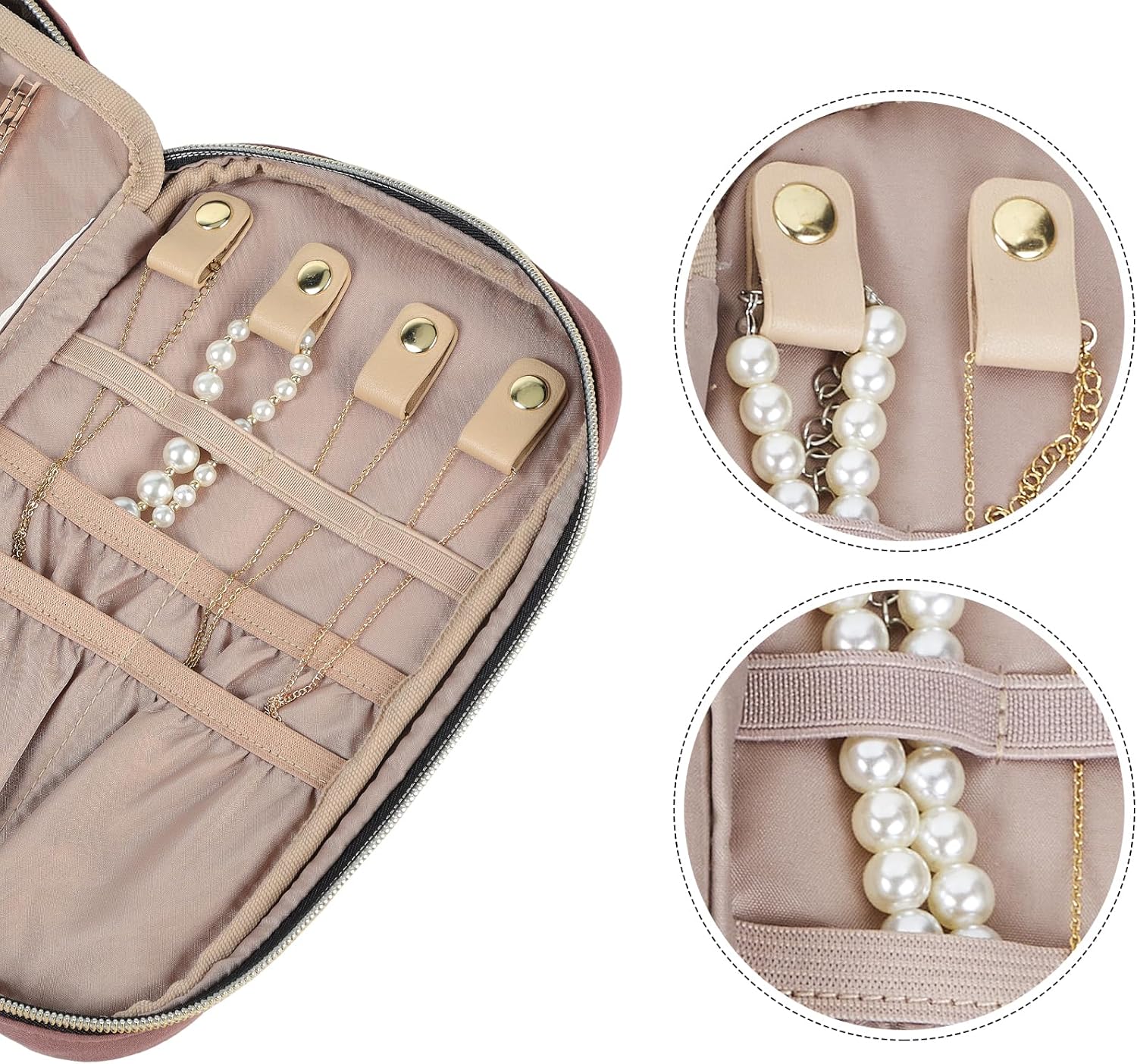 NISHEL Travel Jewelry Case, Holiday Organizer for Necklaces, Earrings, Rings, Bracelets, Watch, Rosewood-Pink