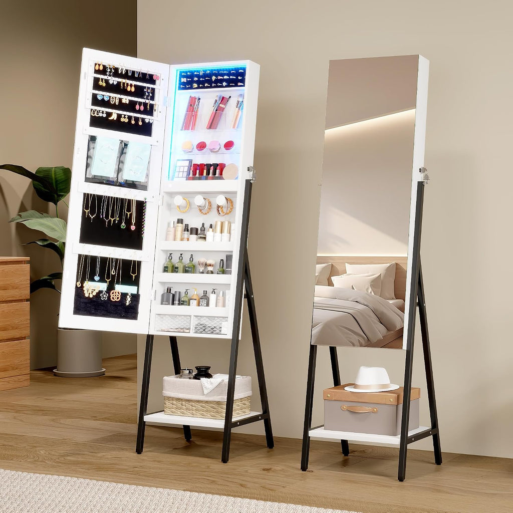 LVSOMT 3 LEDs Mirror Jewelry Cabinet, 60.4" Jewelry Mirror Full Length, Standing Lockable Jewelry Armoire Organizer, Floor Mirror with Storage for Jewelry Cosmetics, White