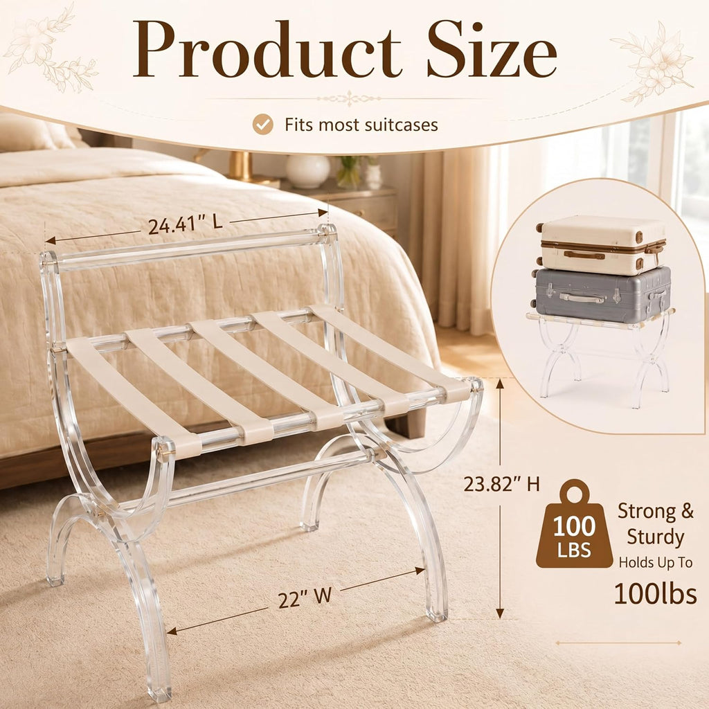 Briwooody Acrylic Luggage Rack for Guest Room, Foldable Suitcase Stand with Back & Leather Straps, Clear Modern Design for Bedroom & Hotel, Heavy Duty Luggage Rack, Holds up to 100 lbs