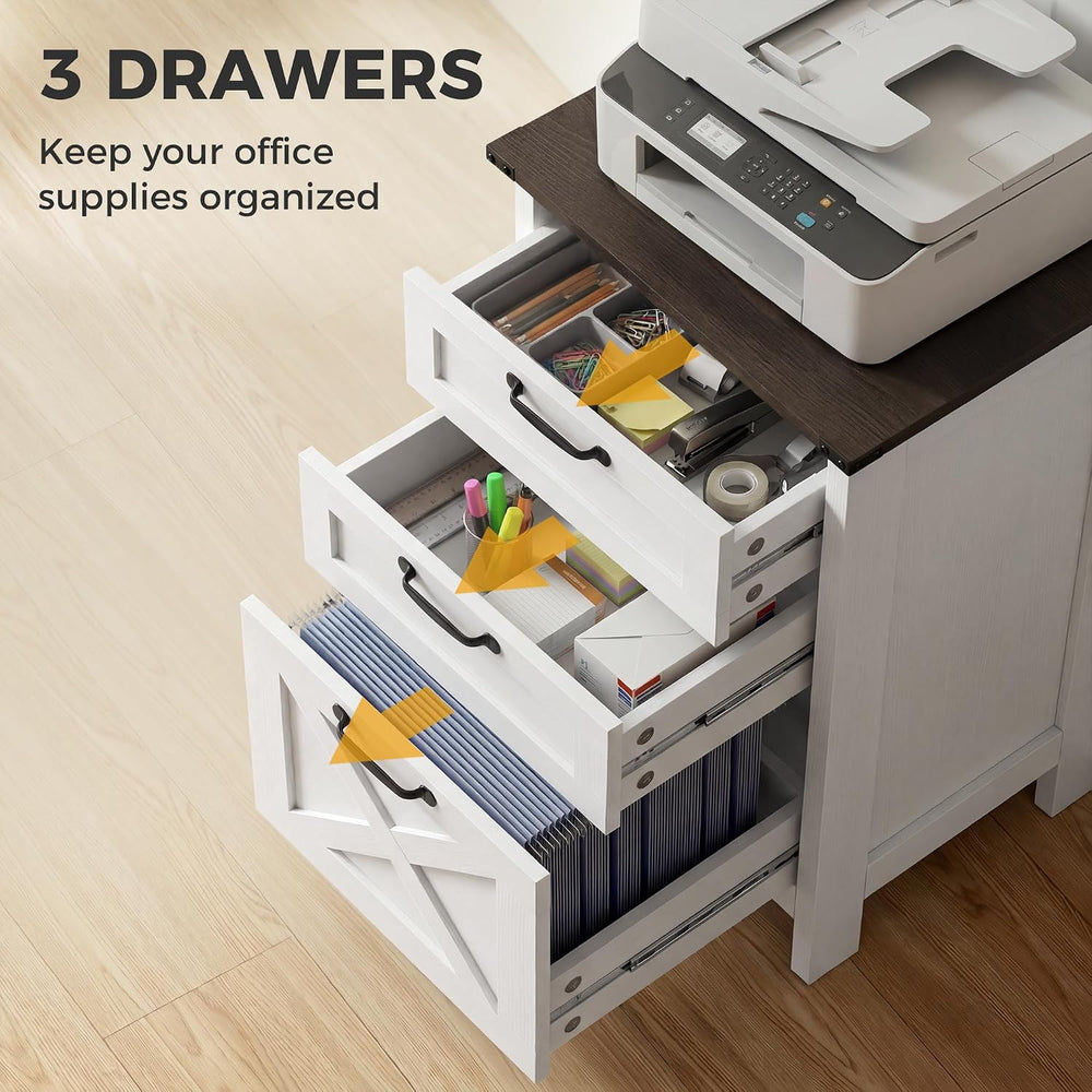 HOMCOM 3 Drawer File Cabinet Printer Stand Silent Slides Distressed White