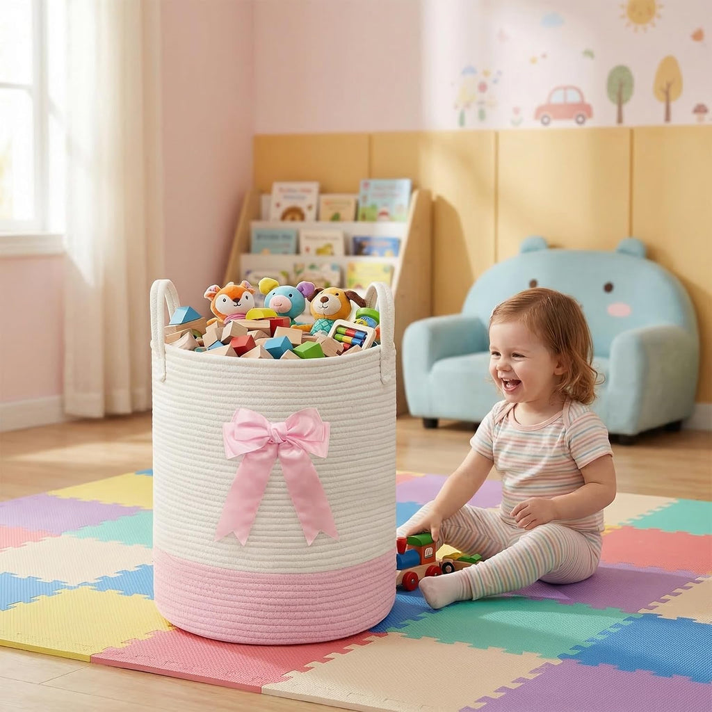 Pink Laundry Hamper with Bow, Tall Storage Basket for Nursery | Woven Cotton Rope Blanket and Toy Basket, 15x17.7in, Living Room Nursery & Bedroom, Clothes Storage Pink Bow