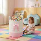 Pink Laundry Hamper with Bow, Tall Storage Basket for Nursery | Woven Cotton Rope Blanket and Toy Basket, 15x17.7in, Living Room Nursery & Bedroom, Clothes Storage Pink Bow