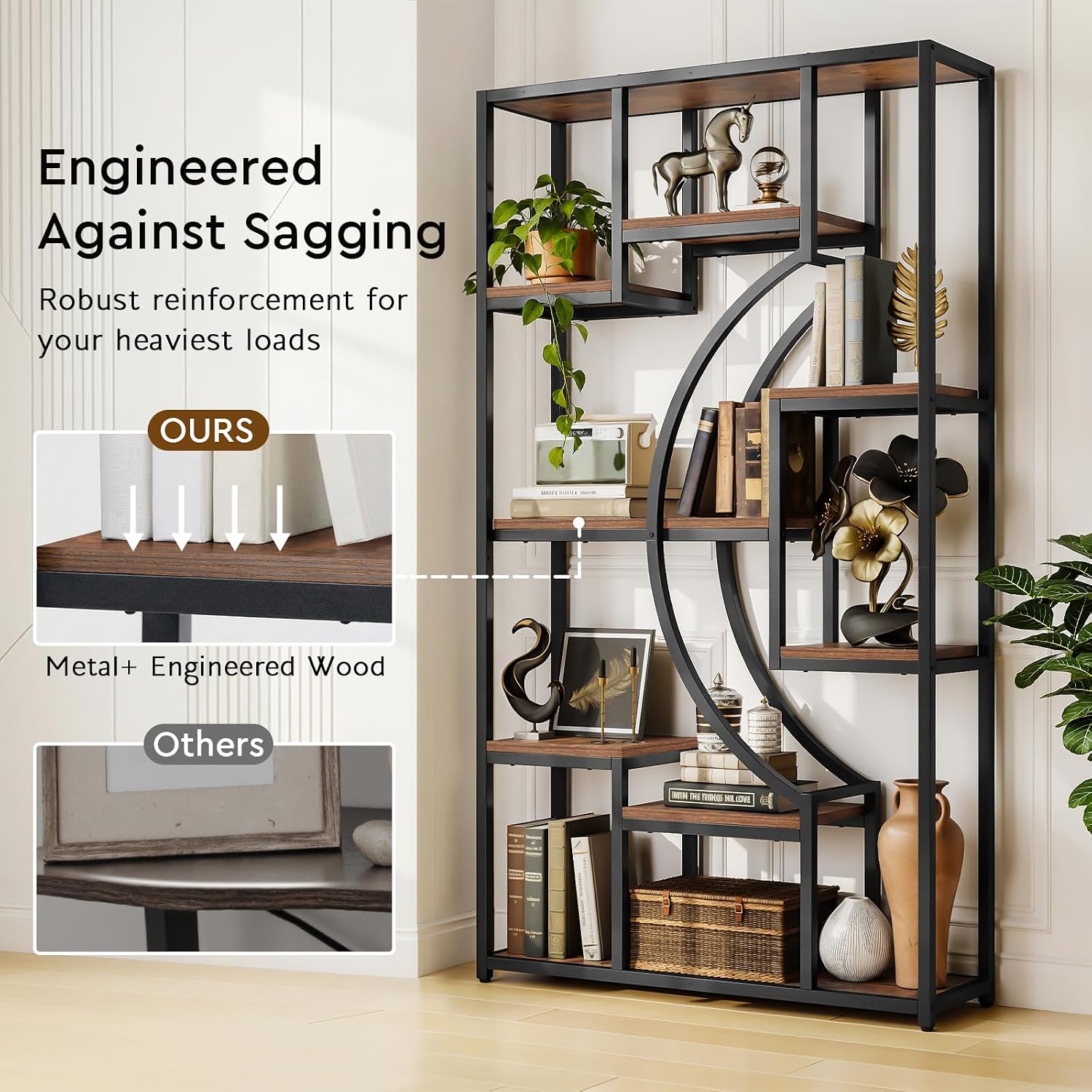 70.8" Tall Bookshelf Set of 2, 79" Wide Geometric Display Shelf with 18 Open Storage Shelves, Etagere Bookcase with Metal Frame – Anti-Tip & Adjustable Feet, Rustic Brown