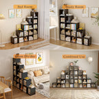 Ladder Cube Storage Bookcase - Wooden L-Shaped 5-Tier Corner Shelf, Reversible 15-Cube Organizer for Home & Office, Black