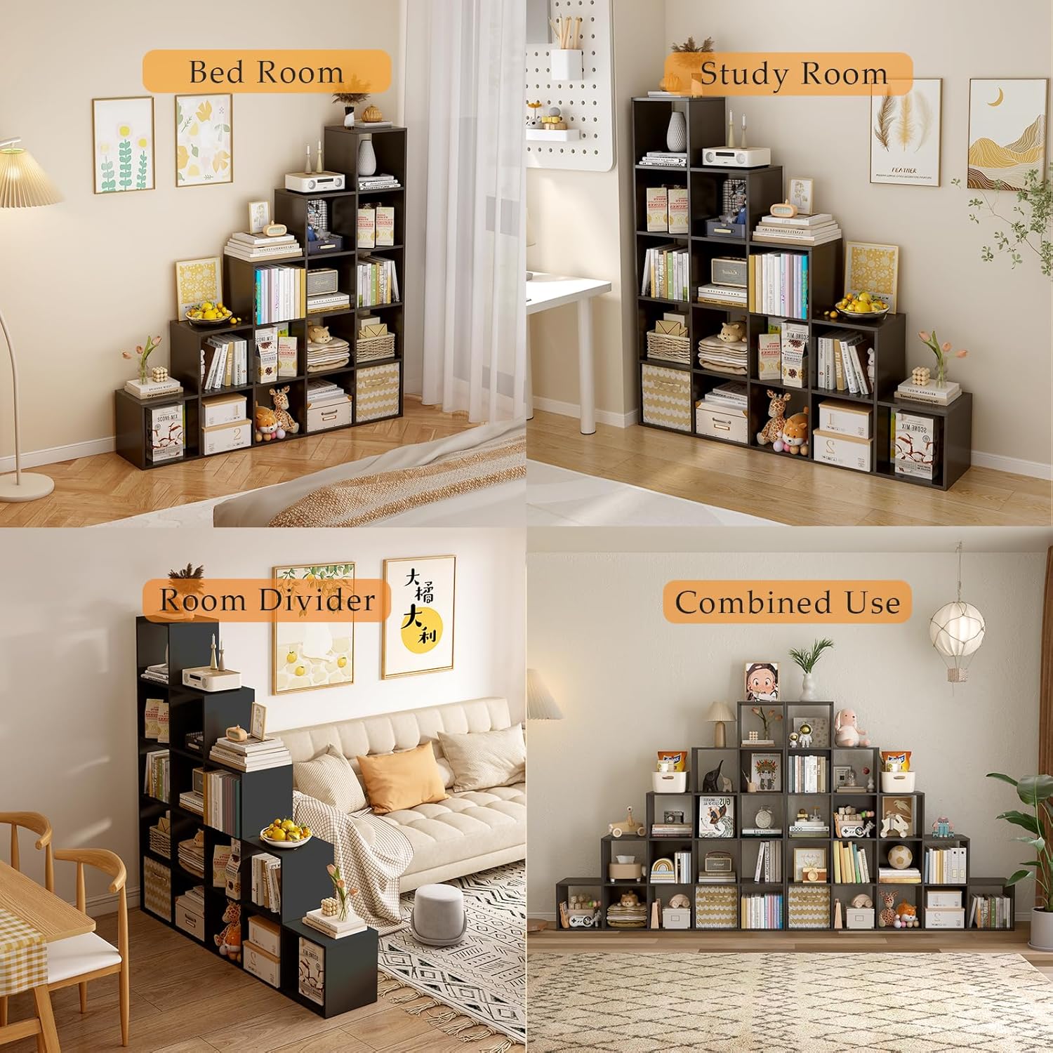 Ladder Cube Storage Bookcase - Wooden L-Shaped 5-Tier Corner Shelf, Reversible 15-Cube Organizer for Home & Office, Black
