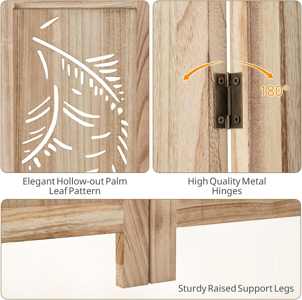 GIANTEX 3 Panel Boho Room Divider with Carved Palm Leaf Pattern, Natural