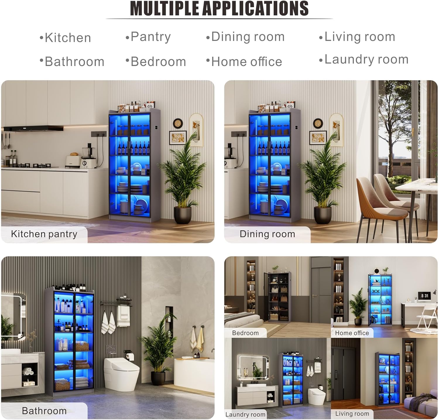 65" Tall Display Cabinet with Doors, Lighted Bookcase with Lights/Human Sensor, 5 Tier Display Case with Adjustable Shelves for Collectibles Bedroom Living Room Office, Grey-Smoked Black Door