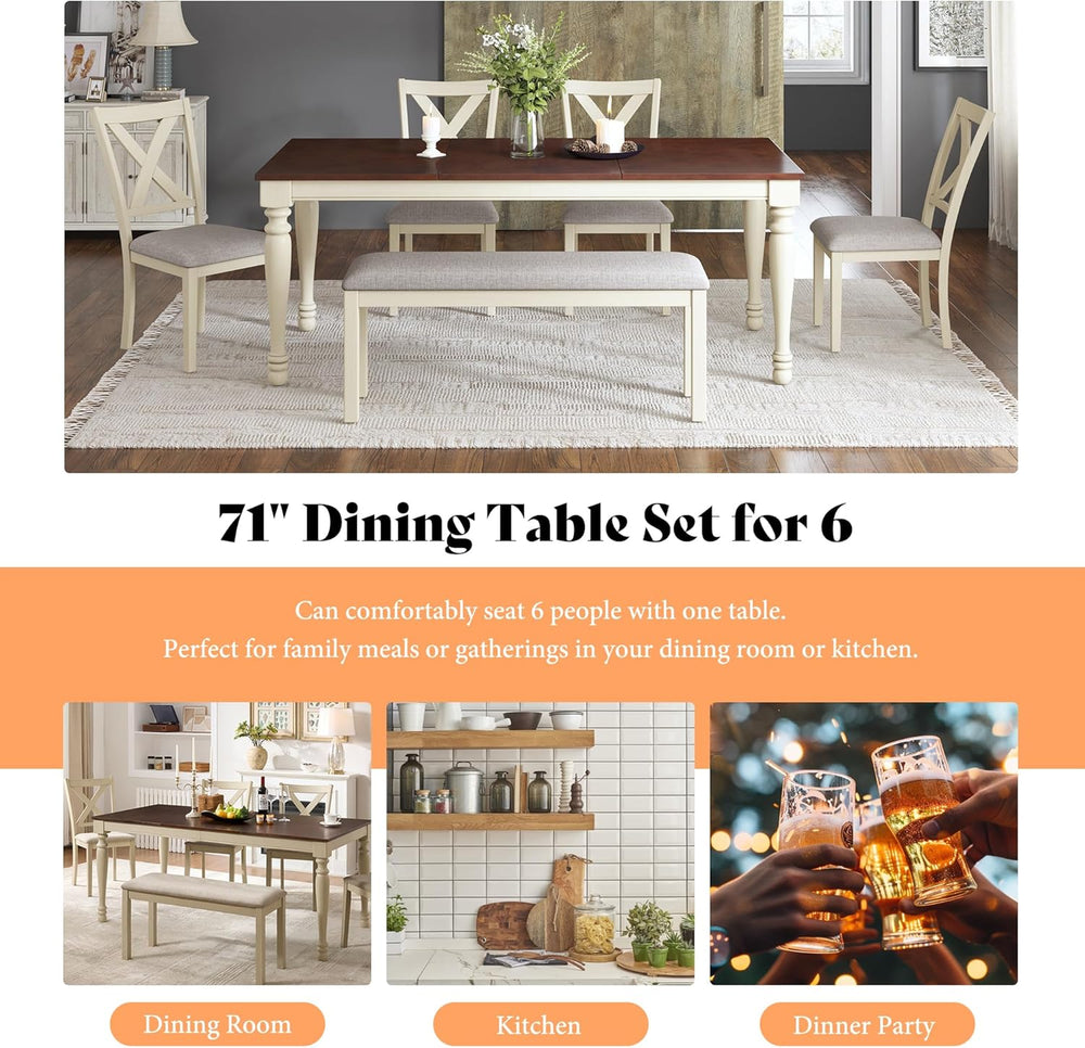 AMERLIFE 6-Piece Farmhouse Dining Table Set for 6-7, 71" Solid Wood Kitc...