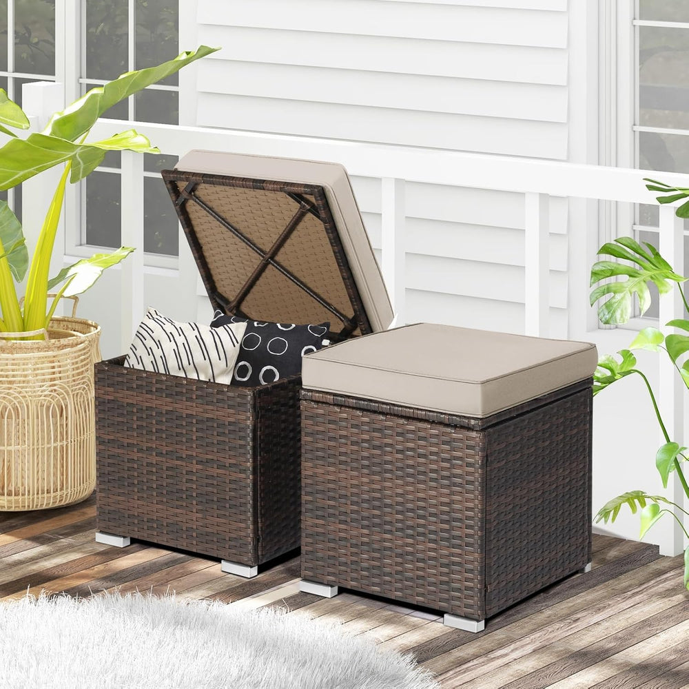 RELAX4LIFE Wicker Outdoor Storage Ottoman, 2-Piece Rattan Footstool w/Removab...