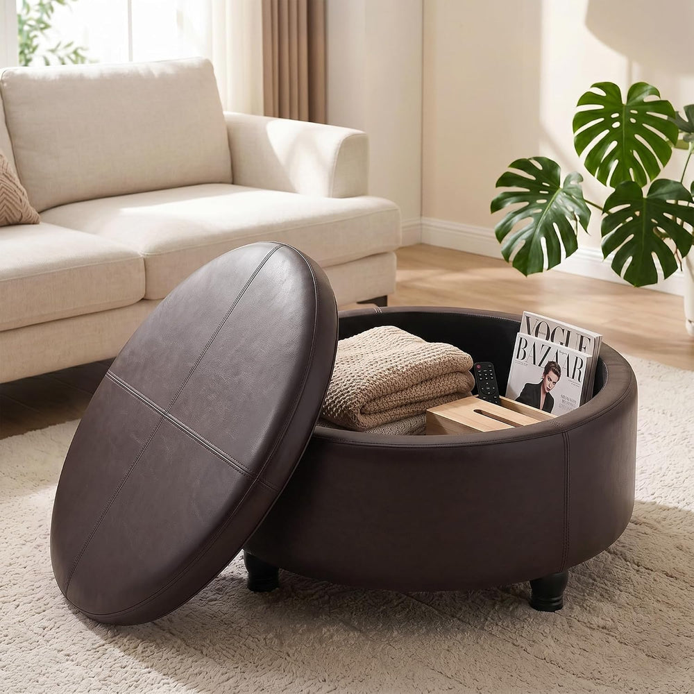 30-Inch Round Ottoman, Leather Ottoman with Storage (Brown)