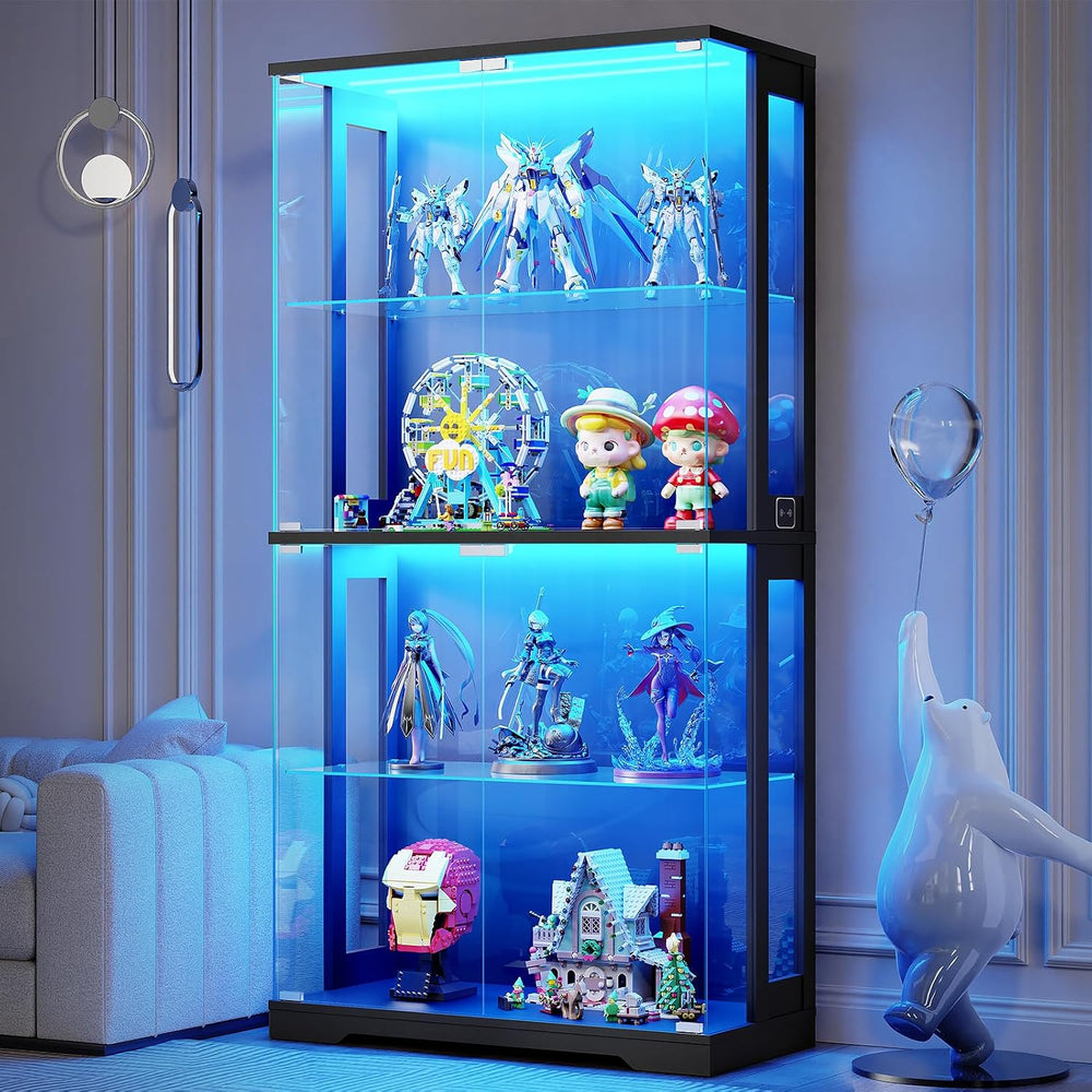 Glass Display Cabinet with Doors and Lights, 4-Tier Curio Cabinet, Black