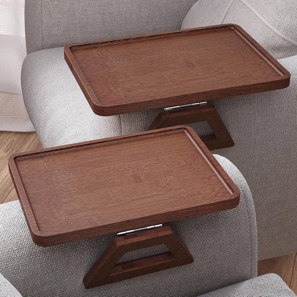 2 Pack Bamboo Couch Arm Tray,Folding Sofa Armrest Table(Brown) | Clip-On Couc...