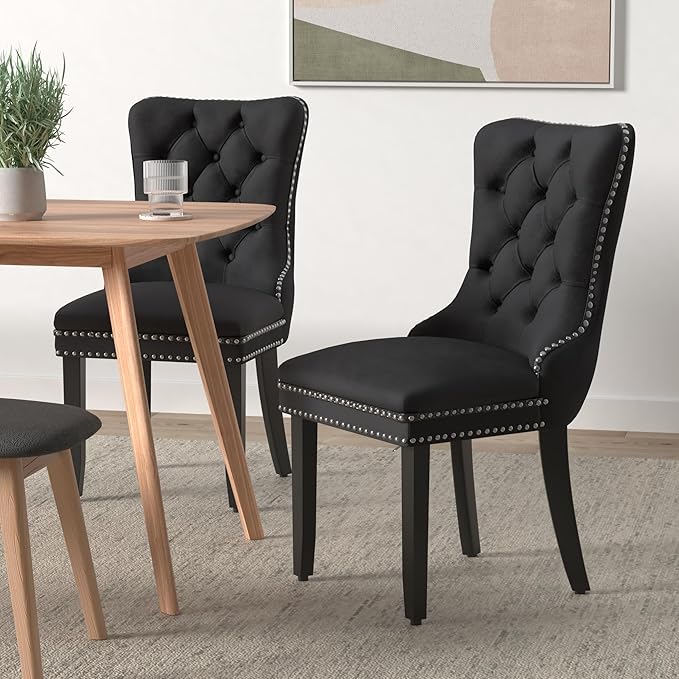 Black Dining Chairs Set of 2,Upholstered Velvet Dining Room Chairs with Back Ring Pull Trim and Solid Wood Legs,Modern Dining Chairs Perfect for Dining Room, Kitchen(Black)
