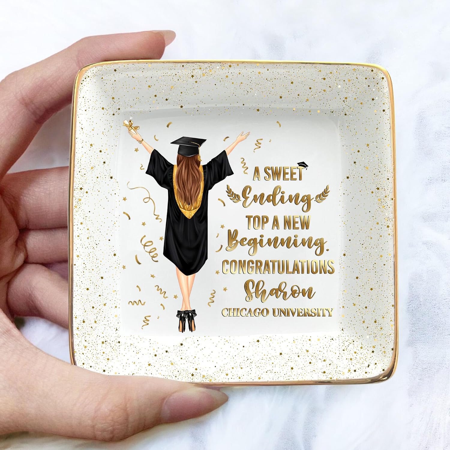 Personalized Jewelry Dish, A Sweet Ending to a New Beginning, Graduation Gift for Her 2026, Custom Keepsake for Best Friend, Daughter, or Graduate