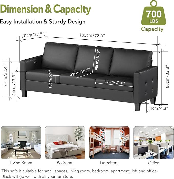 STHOUYN 73” Black Faux Leather Sofa Couch, Modern Comfy Office 3 Seater Couch Loveseat with Tufted Armrest and USB, Small Love Seat Couches for Living Room, Bedroom, Apartment