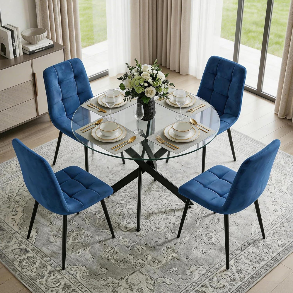 Dining Table Set for 4, Round Glass Kitchen Table with 4 Blue Highback Tufted...