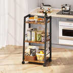 3 Tier Kitchen Storage Cart with Lockable Wheels & 6 Hooks, Mobile Utility Organizer Rolling Cart for Small Spaces, Bar Cart for Kitchen and Living Room, Rustic Brown