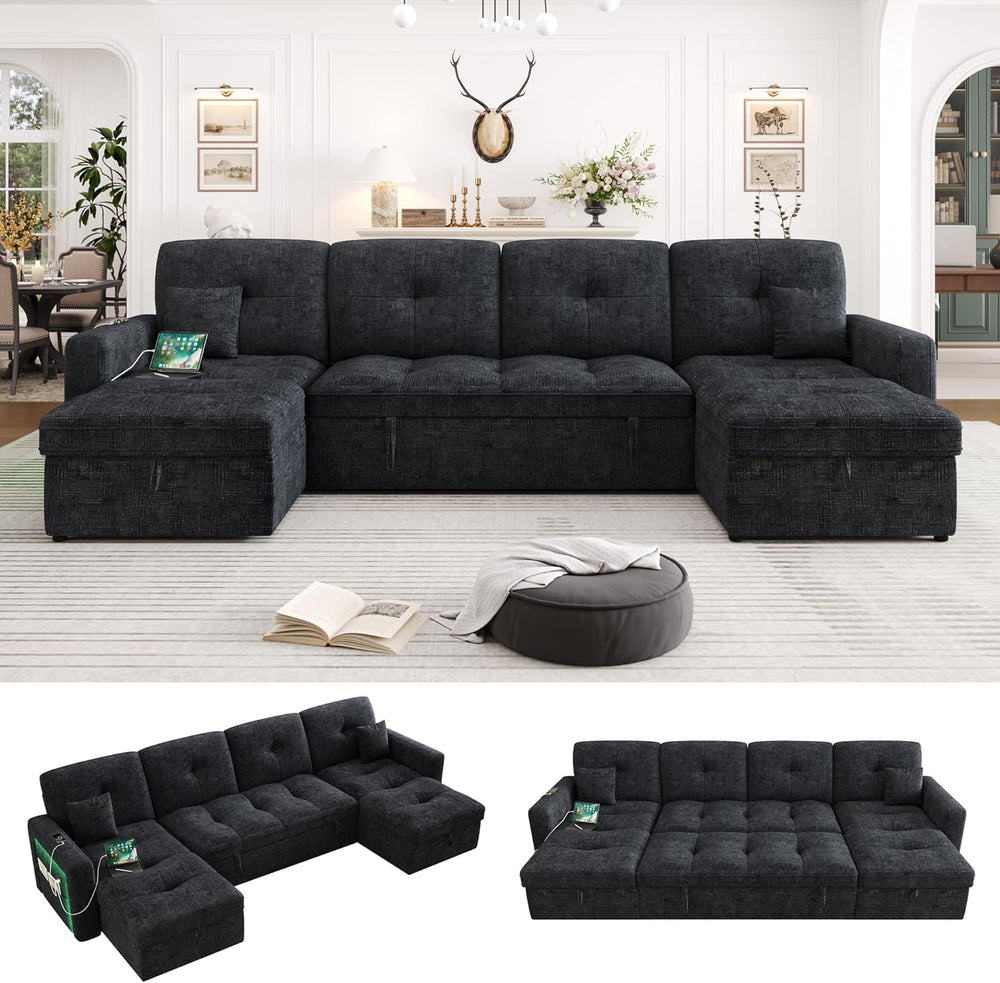 107'' LED U-Shaped Sectional Couch for Living Room, Sleeper Sofa Bed,...