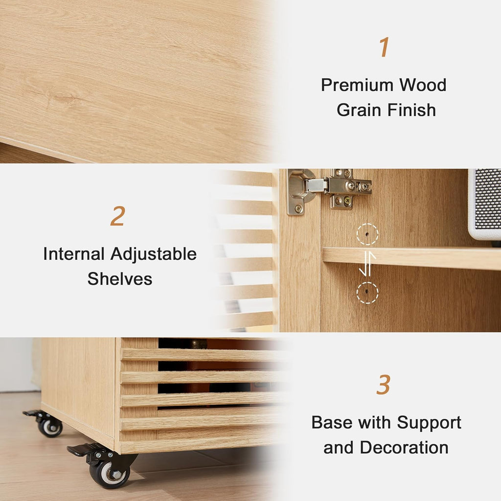LEVNARY 5-Tier AV Media Cabinet with Grille Door & Adjustable Shelves, Modern Wooden Stereo Rack with Cable Management & Wheels, Audio Video Stand for Living Gaming Room Recording Studio (Natural)